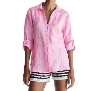 Zara Bright Pink 100% Linen Roll Tab Sleeve Button Down Shirt Sz S NWOT